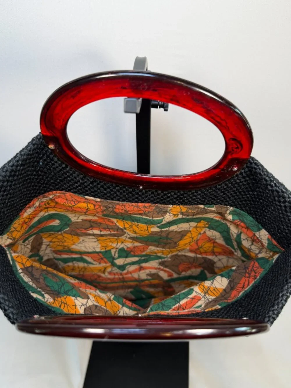 Vintage JR Miami Black Weave Fabric Hand Bag Lucite Handle